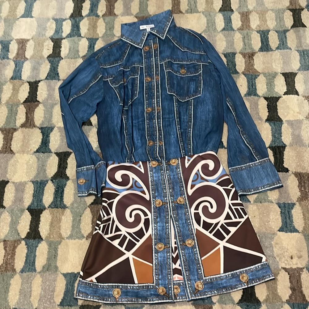 Blue Shirt and Patterned Skirt Set